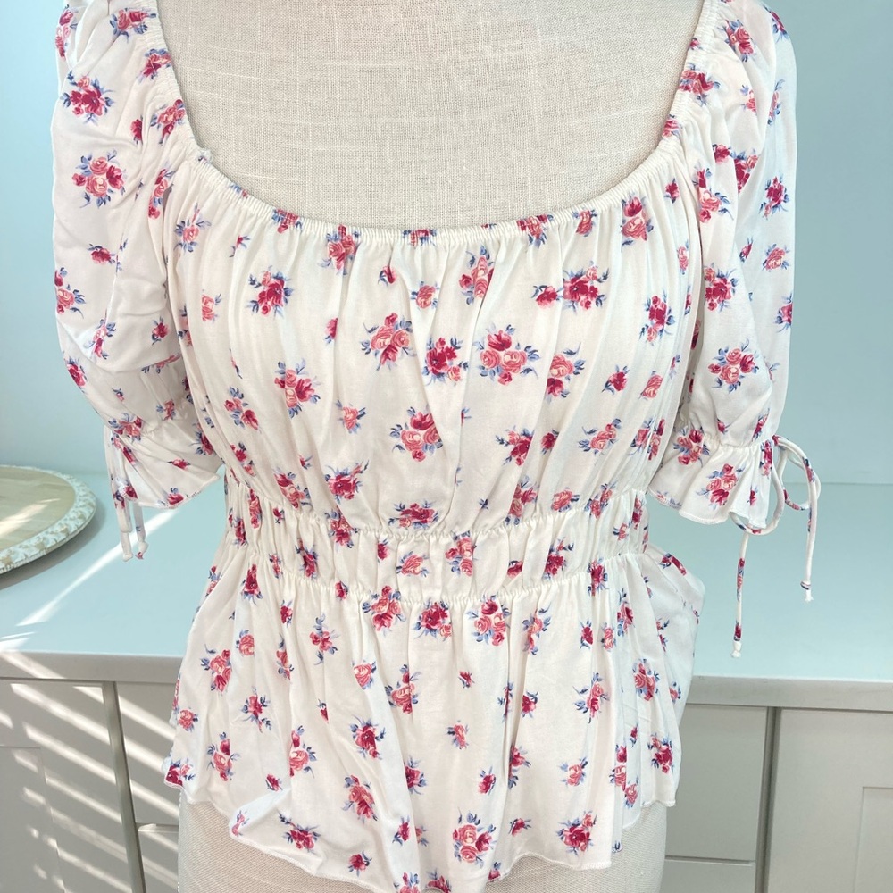 Floral Peasant Puff Sleeve Top - White and Pink NWOT